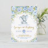 Blue Floral Elephant Boy 1st Birthday Party Kaart (Staand voorkant)