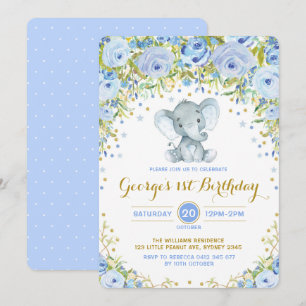 Blue Floral Elephant Boy 1st Birthday Party Kaart