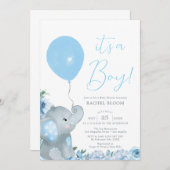 Blue Floral Elephant Boy Baby shower Kaart (Voorkant / Achterkant)