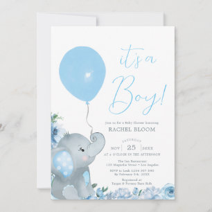 Blue Floral Elephant Boy Baby shower Kaart