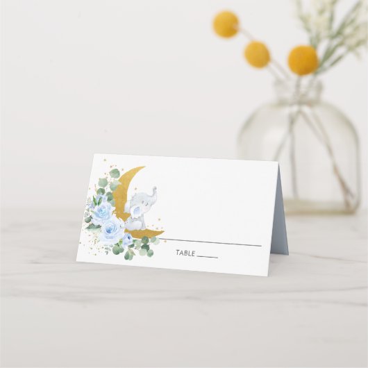 Blue Floral Elephant Crescent Moon Guest Name (Voorkant)