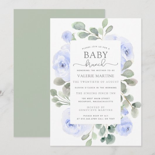Blue Floral Eucalyptus Baby Brunch Invitation (Devant / Derrière)