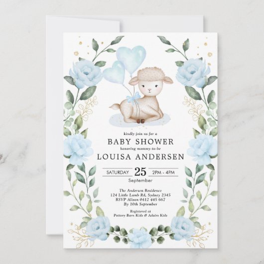 Blue Floral Eucalyptus Lamb Baby Sheep Boy Shower Kaart (Voorkant)