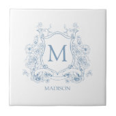 Blue Floral Family Crest Monogram Ceramic Tile Tegeltje (Voorkant)