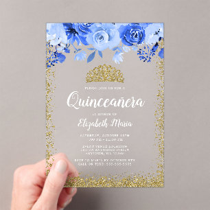 Blue Floral Faux Gold Glitter Tiara Quinceanera Acryl Uitnodigingen