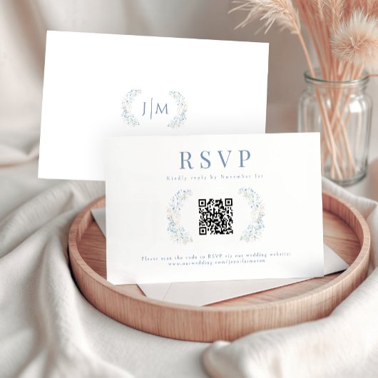 Blue Floral Fleur sauvage Wedding RSVP QR Code Car
