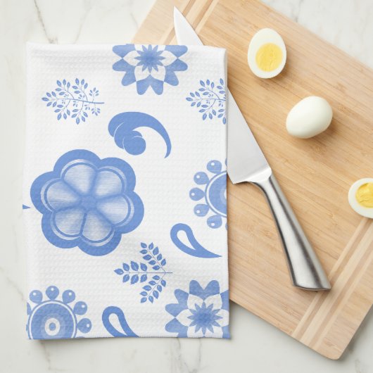 Blue Floral Flourish Toile Theedoek (Quarter Fold)