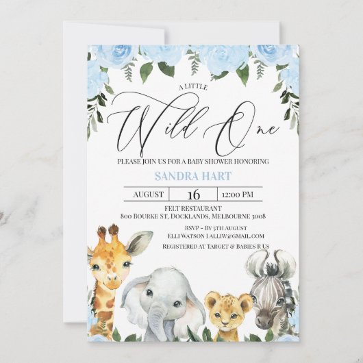 Blue Floral Foliage Safari Baby shower Invitation (Devant)
