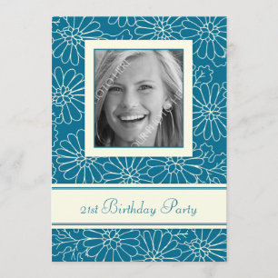 Blue Floral Foto 21st Birthday Party Kaart