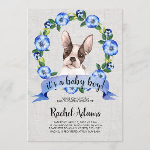 Blue Floral French Bull Dog Baby shower Kaart