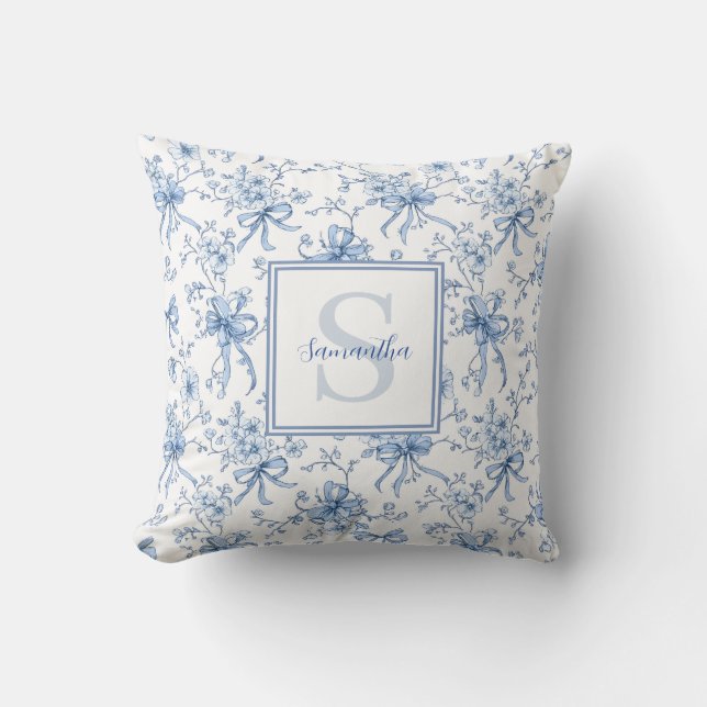 Blue Floral French Toile Monogram Name Kussen (Voorkant)