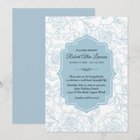 Blue Floral Funeral Memorial Herdenking nodigt (Voorkant / Achterkant)