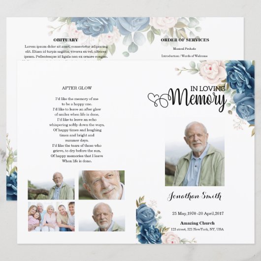 Blue Floral Funeral Programme sjabloon (Voorkant / Achterkant)