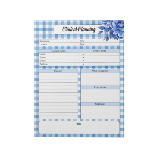 Blue Floral Gingham _ Klinische Planning Notitieblok (Gedraaid)