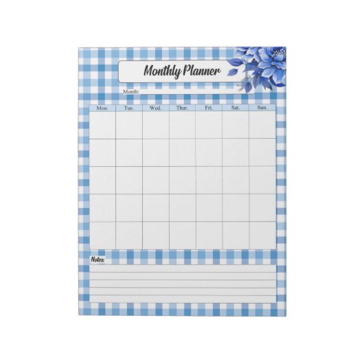 Blue Floral Gingham _ Maandelijkse Planner Notitieblok (Gedraaid)
