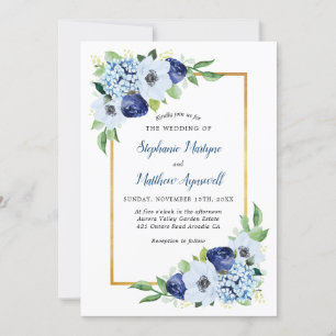 Blue Floral Gold Border Waterverf bruiloft Kaart