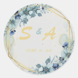 Blue Floral Gold Elegant Wedding Favor Ronde Sticker