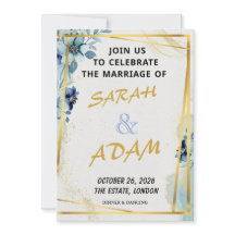 Blue Floral Gold Elegant Wedding Invitation Set