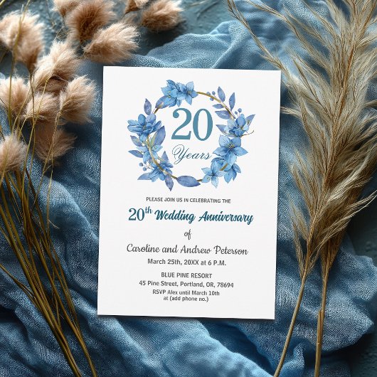  Blue Floral Gold Frame 20th Wedding Anniversary  Kaart