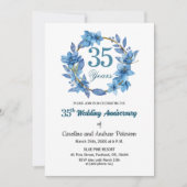  Blue Floral Gold Frame 35th Wedding Anniversary  Kaart (Voorkant)