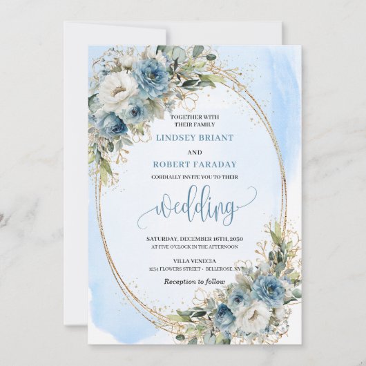 Blue Floral Gold Frame Wedding Invitation (Devant)