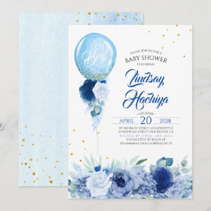 Blue Floral Gold Glitter Balloon Baby shower Kaart