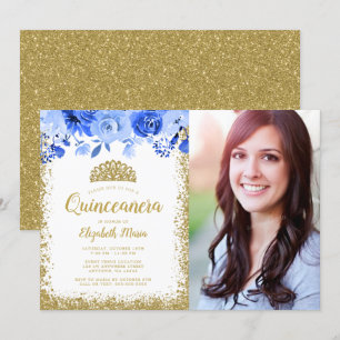 Blue Floral Gold Glitter Tiara Quinceane Foto Kaart