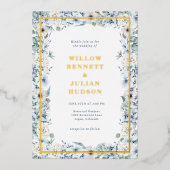 Blue Floral Gold Wedding Folie Uitnodiging (Voorkant)