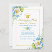 Blue Floral Grad Party Gold Invitation - Photo Ret (Devant)