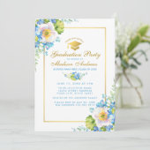 Blue Floral Grad Party Gold Invitation - Photo Ret (Debout devant)