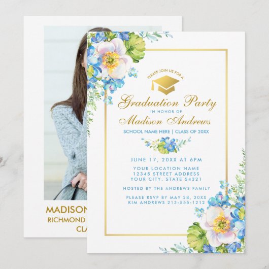 Blue Floral Grad Party Gold Invitation - Photo Ret (Devant / Derrière)