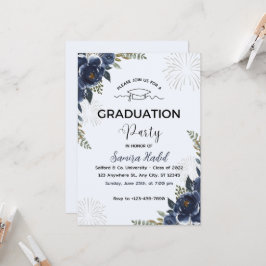 Blue Floral Graduation Party Uitnodiging