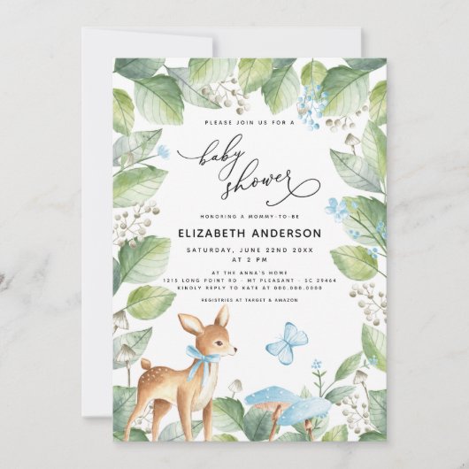 Blue Floral Greenery Deer Boy Baby shower Kaart (Voorkant)