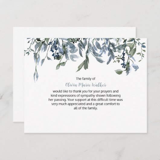 Blue Floral Greenery Funeral Script Hartelijk dank Bedankkaart (Voorkant / Achterkant)