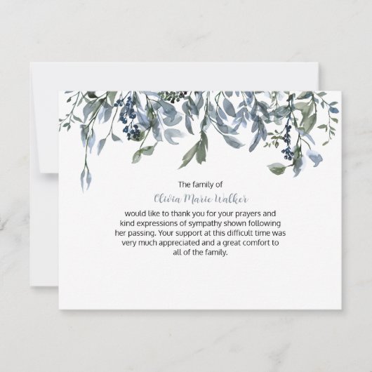Blue Floral Greenery Funeral Script Merci (Devant)