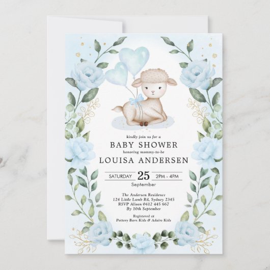 Blue Floral Greenery Little Lamb Baby Sheep Shower Kaart (Voorkant)
