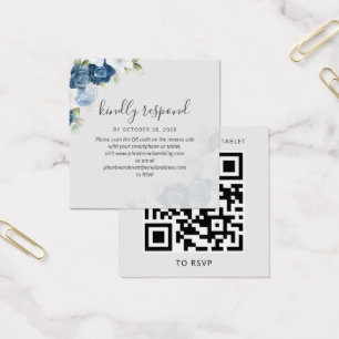 Blue Floral Greenery QR Code Mariage Carte RSVP