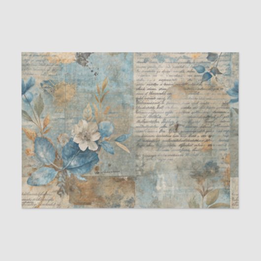 Blue Floral Grungy Distressed Ephemera Collage Tissuepapier (Voorkant)