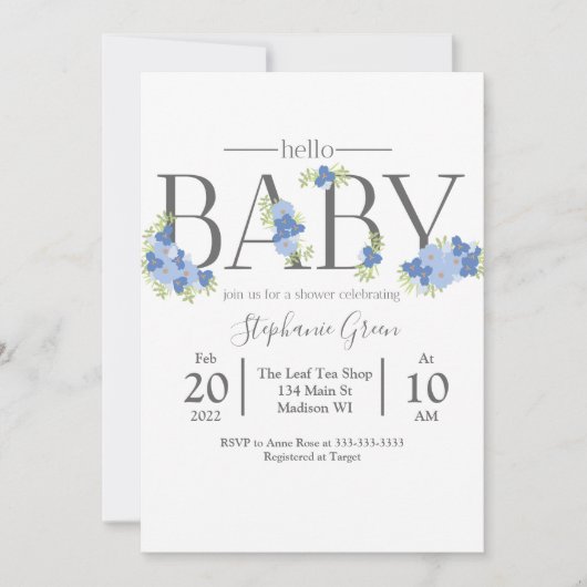Blue Floral Hallo Baby - Shower Invitation Kaart (Voorkant)