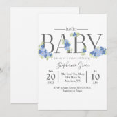 Blue Floral Hallo Baby - Shower Invitation Kaart (Voorkant / Achterkant)