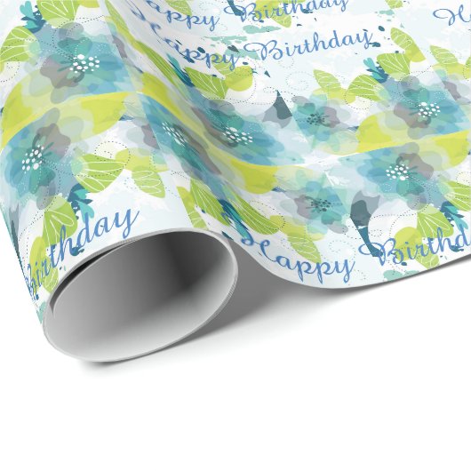 Blue Floral Happy Birthday Gift Wrap Cadeaupapier (Rol Hoek)
