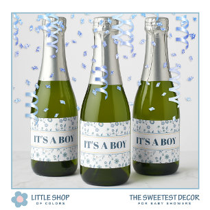 Blue Floral Het is een Baby shower voor jongens Sparkling Wijnetiket