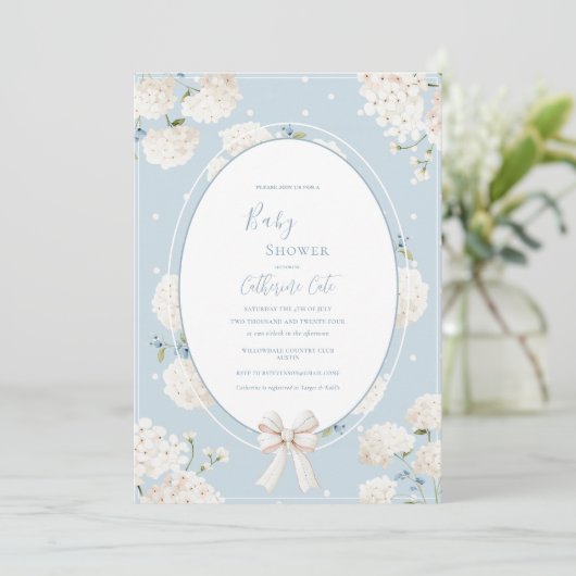 Blue Floral Hydrangea Elegant Baby Shower Kaart (Staand voorkant)