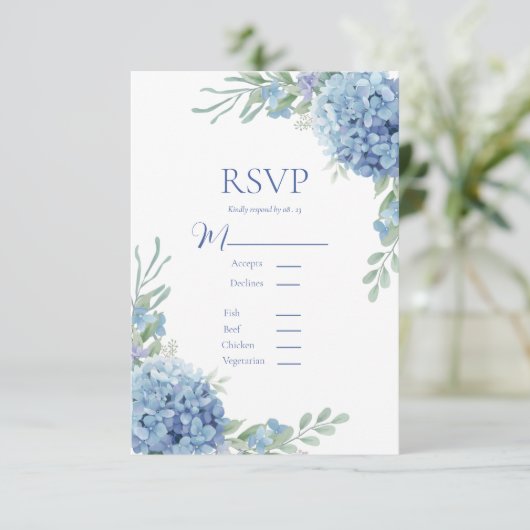 Blue Floral Hydrangea RSVP-kaart RSVP Kaartje (Staand voorkant)