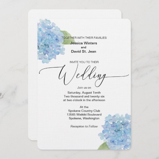 Blue Floral Hydrangea Wedding Invitation design Kaart (Voorkant / Achterkant)