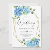 Blue Floral Hydrangeas Elegant Gold Modern Wedding Kaart (Voorkant)