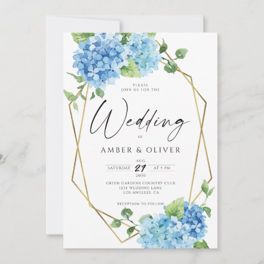 Blue Floral Hydrangeas Elegant Gold Modern Wedding Kaart (Voorkant)