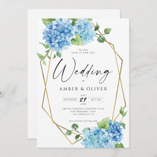 Blue Floral Hydrangeas Elegant Gold Modern Wedding Kaart (Voorkant / Achterkant)