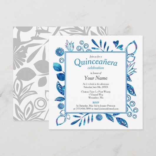 Blue Floral Lijst Quinceañera Square Kaart (Voorkant / Achterkant)