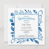 Blue Floral Lijst Quinceañera Square Kaart (Voorkant)